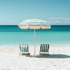 Two striped beach chairs under a yellow umbrella face a calm turquoise sea on a sunny, empty shore.