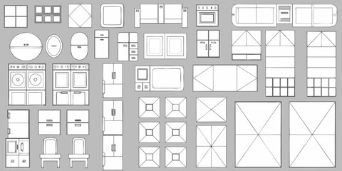 Collection of hand drawn kitchen and home appliance icons and furniture elements for design and illustration