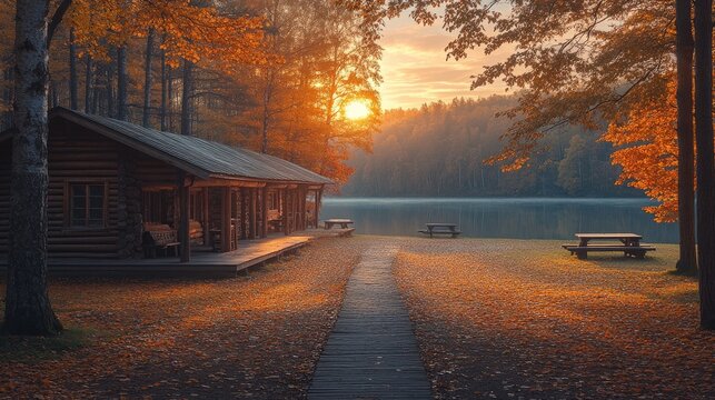 Autumn Lakeside Cabin at Sunrise - Powered by Adobe