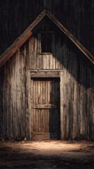 Rustic barn doorway bathed in dramatic sunlight, evoking a sense of history and weathered charm for nostalgic storytelling.