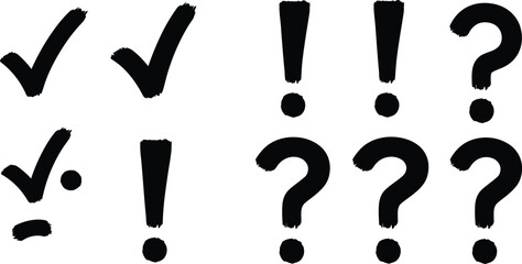 Hand drawn checkmarks exclamation points and question marks on transparent background