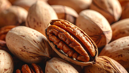 Pecans in Shell, Pecan Halves Showcasing Texture and Richness in a Close Up, Shelled Pecans Close Up, Displaying Natural Richness and Organic Textures