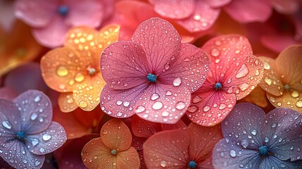 Close up ro view of colorful hydrangea flowers adorned with fresh water droplets bathed in soft natural light