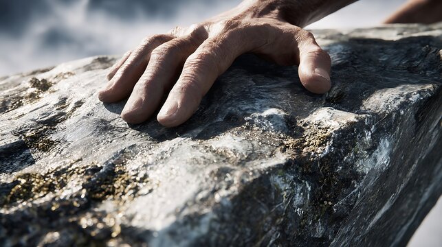 Resilient Hand Gripping Rock for Strength and Determination, Inspiring Adventure and Overcoming Challenges, Perfect for Motivational Content and Outdoor Campaigns