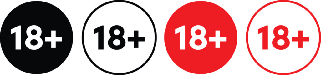 18 plus warning symbol. Over 18+ adult sign. Age limit under 18. Eighteen plus prohibited sign.