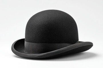 A black bowler hat, smooth, rounded, and slightly angled