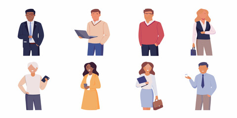 Diverse group of eight business professionals in modern attire holding devices and briefcases