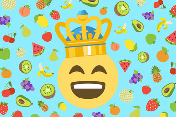 Vector design with happy crowned emoji face surrounded by colorful fruits on blue background, perfect for playful food, summer fun, healthy lifestyle, and creative pattern projects.