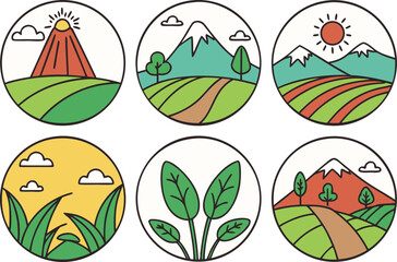 Collection of Circular Nature Landscape Icons with Mountains, Fields, and Plants vector Illustration