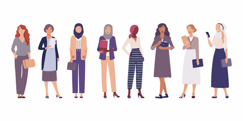 Diverse group of professional women standing together in modern business attire holding books and bags