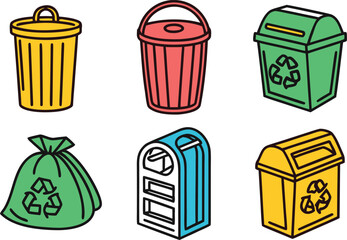 Collection of Colorful Trash Cans and Recycling Bins with Recycling Symbols vector Illustration