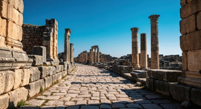 Ancient stone pathway, columns, and ruins under a clear sky - Powered by Adobe