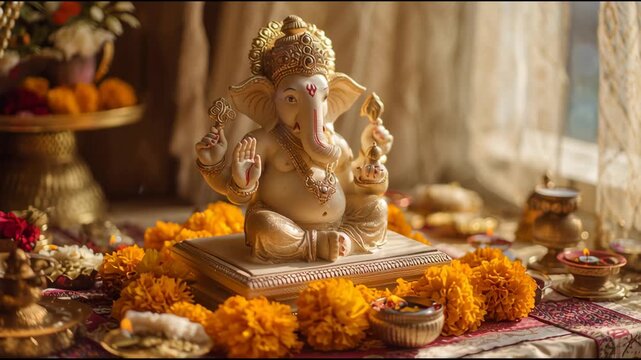 Ganesha Idol in Religious Display: A divine representation of Ganesha sits serenely amidst offerings and vibrant marigold blossoms, its presence imbued with serenity and spiritual significance.