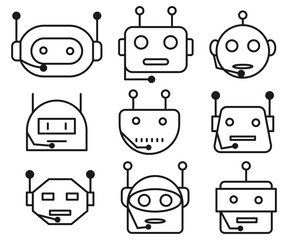 Set of artificial intelligence robot faces designed as virtual assistants with microphones, perfect for digital support concepts, symbolizing customer service, call center, and online assistance.