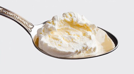 Close-up of a spoonful of creamy, pale yellow ice cream