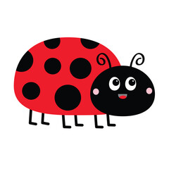 Cute lady bug, lady bird smiling icon. Red and black insect. Kawaii cartoon funny baby character. Happy Valentines Day Greeting Card Sticker print. Childish style. Flat design. White background. Vecto