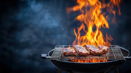 Bright Orange Flames Erupting Against Dark Background, Showcasing Grilled Meat on Barbecue Grill