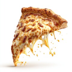 Melted cheese pizza slice in mid-air