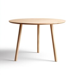 Light-colored wooden circular dining table with three legs
