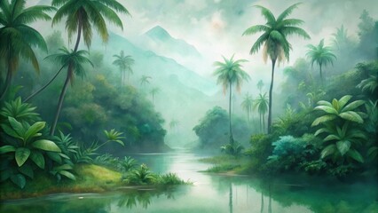 Misty tropical jungle river scene lush greenery towering palms serene atmosphere