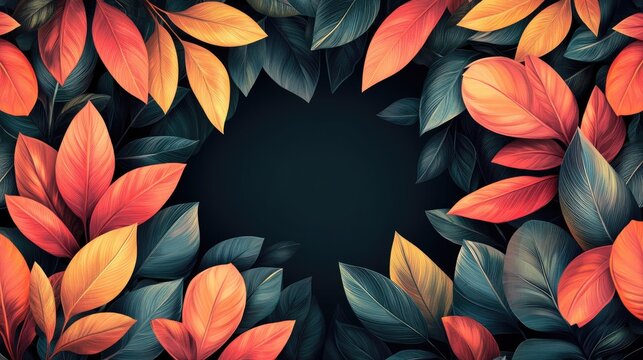 Autumn leaves frame, dark background, graphic design, nature