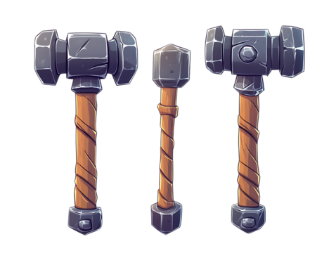 Three stylized fantasy war hammers isolated on transparent background