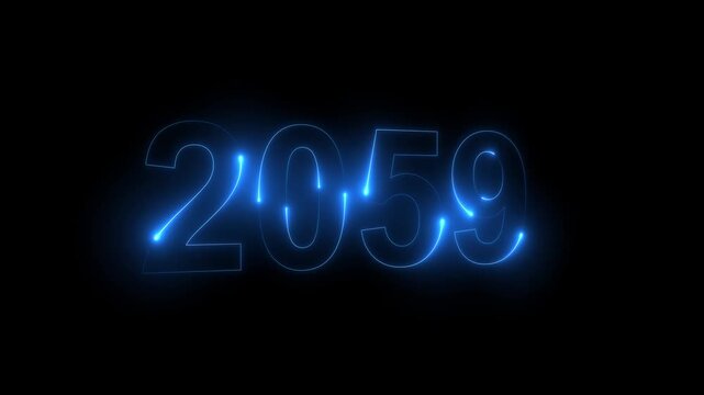 Neon glittering 2059 text on reflection festive background, Christmas and new year celebration. Text new year 2059 blue and green neon effect animation, on a black background. 4k
