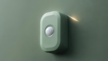 A sage green, rectangular motion sensor is mounted on a matching wall, with a subtle light flare emanating from its right side, indicating activation or detection