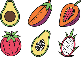 Colorful Cartoon Fruits and Vegetables: Avocado, Eggplant, Papaya, Tomato, and Dragon vector Illustration