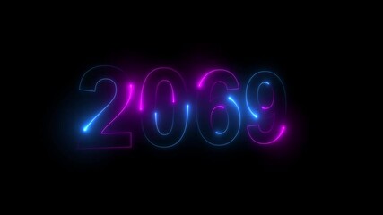 Neon glittering 2069 text on reflection festive background, Christmas and new year celebration. Text new year 2069 blue and green neon effect animation, on a black background. 4k