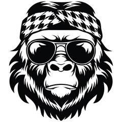 Monochrome gorilla sports a patterned bandana and sunglasses for a cool, stylish expression