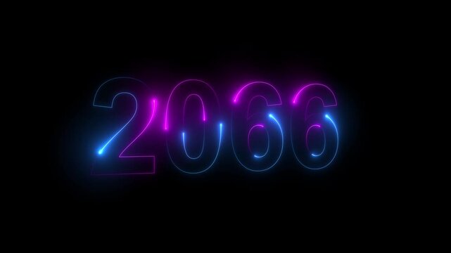 Neon glittering 2066 text on reflection festive background, Christmas and new year celebration. Text new year 2066 blue and green neon effect animation, on a black background. 4k