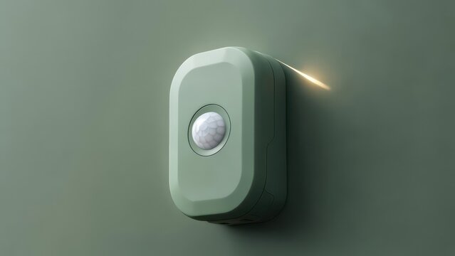 A sage green, rectangular motion sensor is mounted on a matching wall, with a subtle light flare emanating from its right side, indicating activation or detection