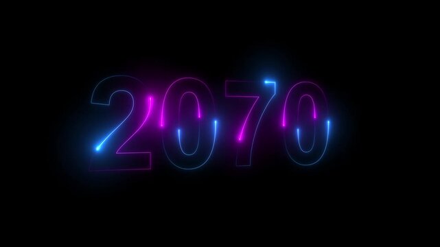 Neon glittering 2070 text on reflection festive background, Christmas and new year celebration. Text new year 2070 blue and green neon effect animation, on a black background. 4k