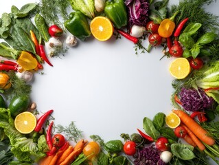 Colorful fresh vegetables and fruits arranged in a circle on a light gray background
