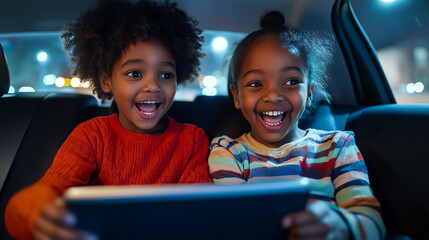 Children enjoy playing games together in the backseat of a car during a night drive