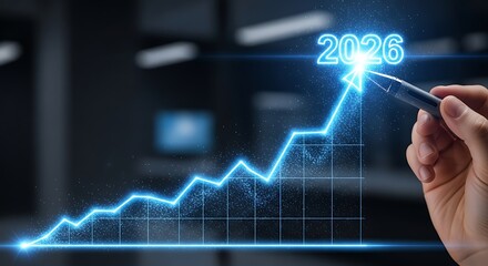 Hand pointing at bright blue digital graph line showing upward trend and year 2023 numbers