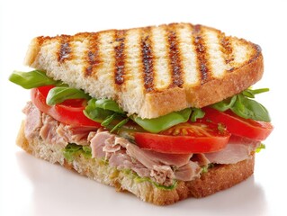 Close-up of a grilled tuna sandwich.  Toasted bread, sliced tomatoes, fresh basil, and tuna filling
