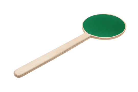 An auction paddle crafted from pale birch wood with a green circular top, minimal design without labels, isolated on transparent background.
- Powered by Adobe