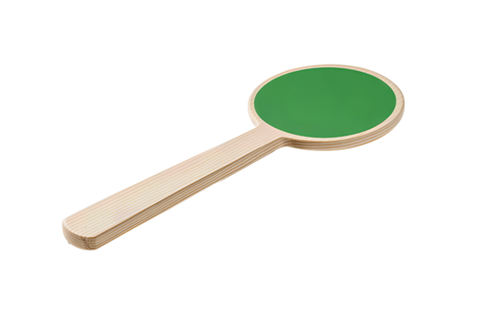 Birch wood auction paddle with a simple green round head, clean unlabeled design, angled slightly, isolated on transparent background.
- Powered by Adobe
