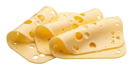 Isolated Swiss cheese slices, traditional dairy product from Switzerland, Emmental cheese
