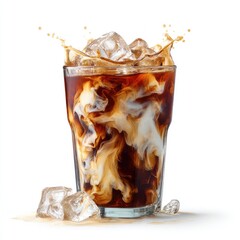 Iced coffee drink in a glass, with a splash of cream and ice