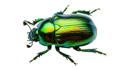 Isolated vibrant green beetle with textured shell, showcasing nature's iridescent insect details