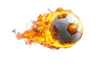 A realistic soccer ball wrapped in stylized flame effects of orange and yellow, shown at a diagonal angle, isolated on transparent background.

