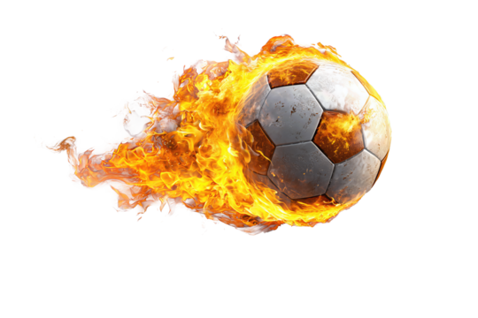 A realistic soccer ball wrapped in stylized flame effects of orange and yellow, shown at a diagonal angle, isolated on transparent background.
 - Powered by Adobe