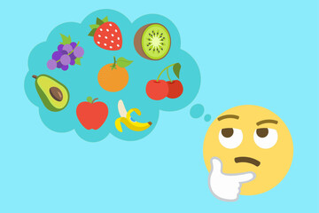 Vector illustration of thinking emoji imagining fresh fruits like banana, kiwi, strawberry, orange, apple, cherry, avocado, symbolizing food choice, healthy eating, nutrition, and lifestyle decisions.