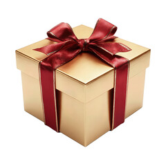 Obraz premium A golden gift box wrapped with crimson satin ribbon, lid slightly open with faint glow inside, isolated on transparent background. 
