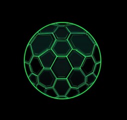 Naklejka premium A dark sphere composed of glowing green hexagonal panels, creating a futuristic, geometric soccer ball design against a black background