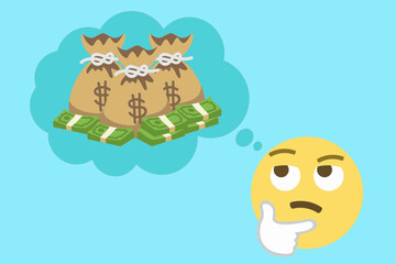 Vector illustration of thinking emoji imagining money bags with dollar signs and stacks of cash, symbolizing finance, wealth, investment, savings, economy, and financial planning concepts.
