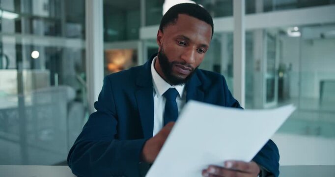 Video call, job interview and face of businessman with documents for recruitment process. Paperwork, online meeting and portrait of African hr manager with cv for hiring discussion in workplace.